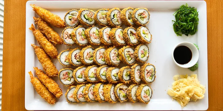 Sushi v tempuře: 21 až 57 ks s lososem, krevetami a krabem