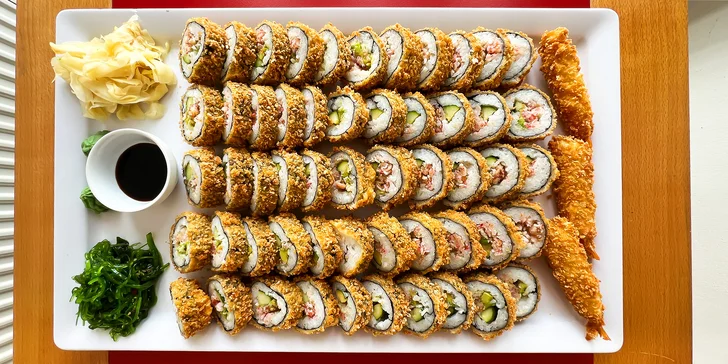 Sushi v tempuře: 21 až 57 ks s lososem, krevetami a krabem