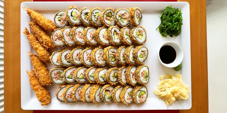 Sushi v tempuře: 21 až 57 ks s lososem, krevetami a krabem