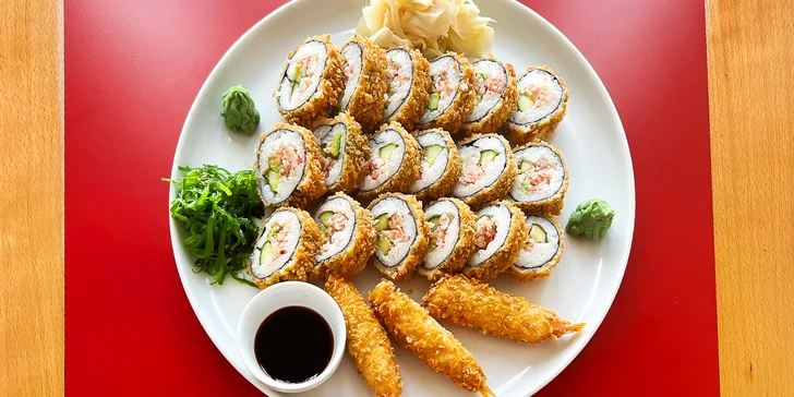 Sushi v tempuře: 21 až 57 ks s lososem, krevetami a krabem