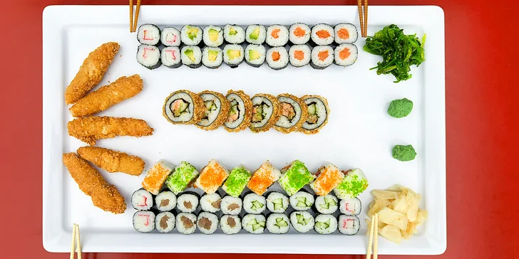 Set 59, 74 nebo 85 kousků sushi s lososem, tuňákem, avokádem i krabem