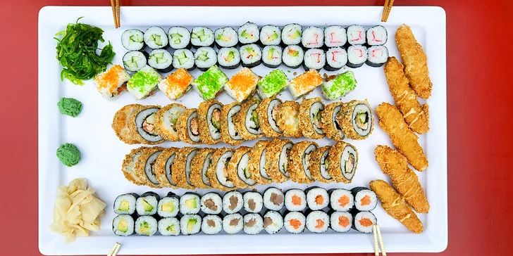 Set 59, 74 nebo 85 kousků sushi s lososem, tuňákem, avokádem i krabem