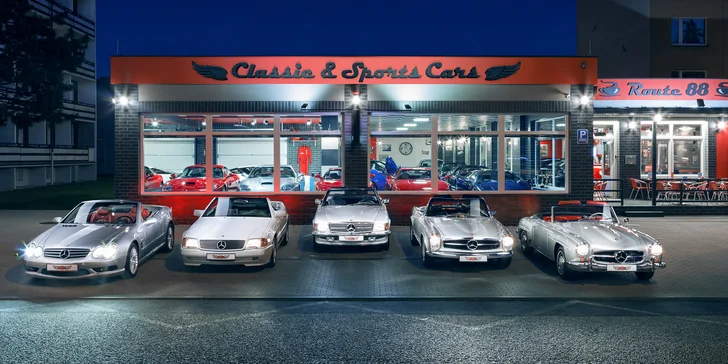 Komentovaná prohlídka veteránů v automobilové galerii Route 88 a nápoj