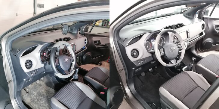 Čištění interiéru auta: vysátí koberečků a kufru, okna z vnitřní i vnější strany, vůně a tepování sedaček