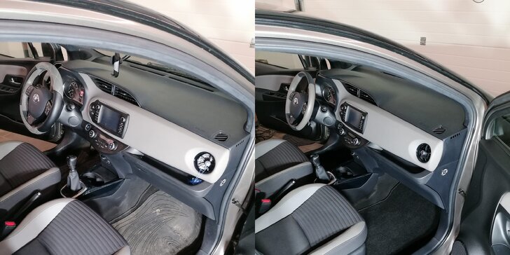 Čištění interiéru auta: vysátí koberečků a kufru, okna z vnitřní i vnější strany, vůně a tepování sedaček