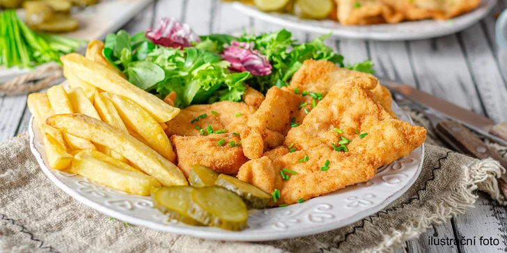 Řízková nálož o váze až 1,2 kg: kuřecí i vepřové řízky s hranolky a tatarkou