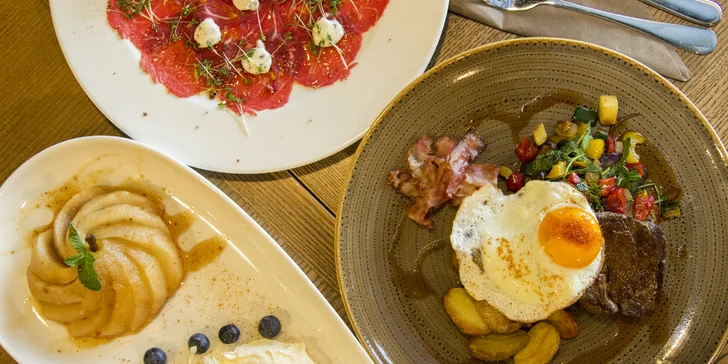 Carpaccio, steak z pravé svíčkové a karamelová hruška pro 2 osoby