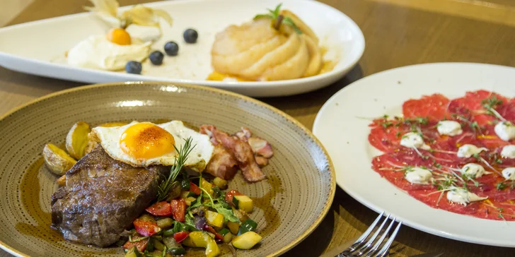 Carpaccio, steak z pravé svíčkové a karamelová hruška pro 2 osoby