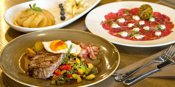 Carpaccio, steak z pravé svíčkové a karamelová hruška pro 2 osoby