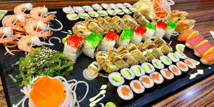Sety 32–68 ks sushi s okurkou, avokádem, tuňákem, lososem i kaviárem