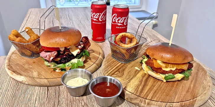 Pořádný burger i s přílohou a pitím či omáčkami pro 1 či 2 osoby