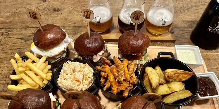 Burgerové menu a pivní degustace v Malešickém mikropivovaru pro 2 osoby