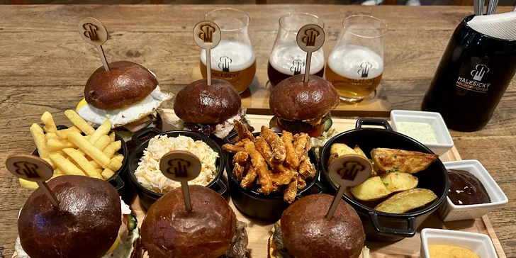 Burgerové menu a pivní degustace v Malešickém mikropivovaru pro 2 osoby