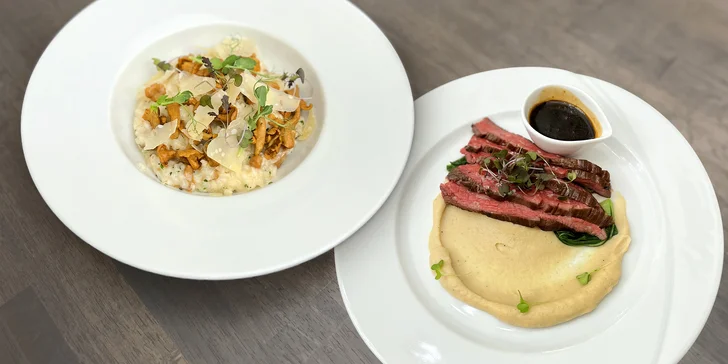 Tříchodové degustační obědové menu v Karlíně pro 2 osoby: kulajda, flank steak, burger i dezert s kávou a víno