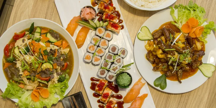 Pestré sushi sety v centru Brna: 34 a 46 kousků nebo 28 ks a teplé jídlo