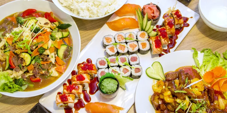 Pestré sushi sety v centru Brna: 34 a 46 kousků nebo 28 ks a teplé jídlo