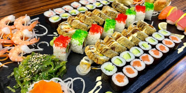 Sety 24–72 ks sushi s okurkou, avokádem, tuňákem, lososem i kaviárem