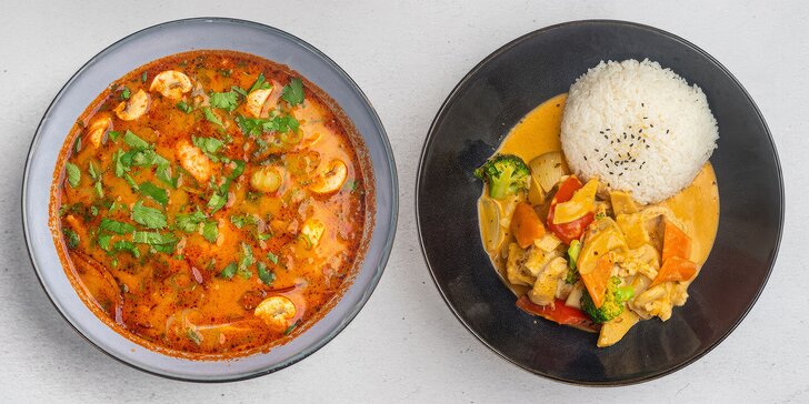 Thajské menu s pikantní polévkou, kuřecími špízy, Pad Thai a červeným kari pro 2 osoby