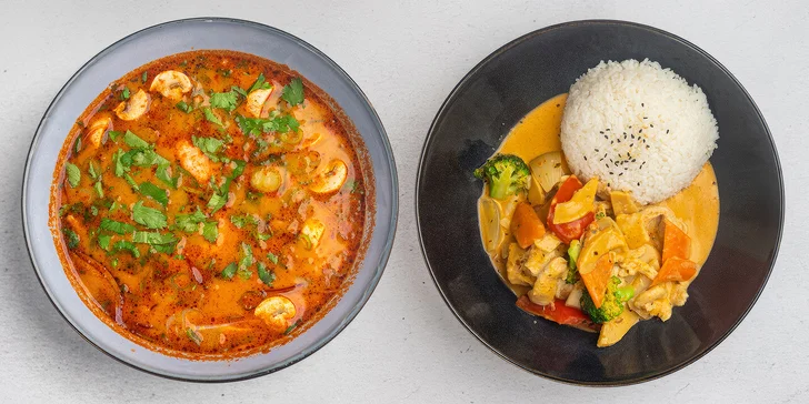 Thajské menu s pikantní polévkou, kuřecími špízy, Pad Thai a červeným kari pro 2 osoby