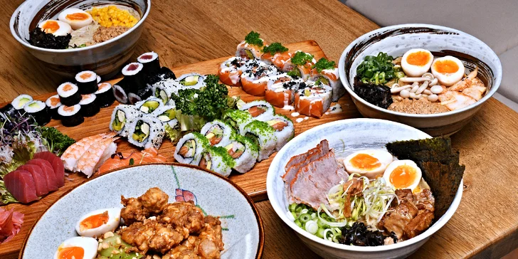 Sushi sety s 18-56 rolkami, nigiri i sashimi či polévka ramen v nové asijské restauraci