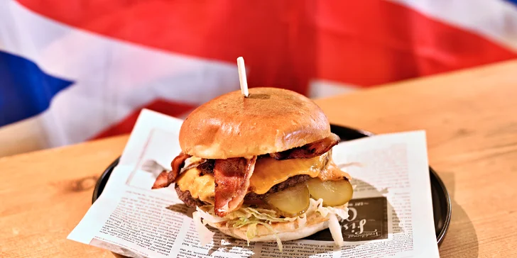 Hovězí, kuřecí nebo sýrový burger, žebra nebo fish and chips: voucher pro 1-4 osoby