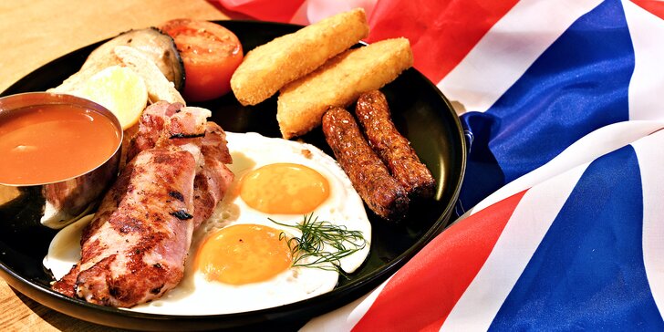 Pravý britský brunch s vajíčky, bramboráčky i toasty, káva nebo čaj, vouchery pro 1-2 osoby
