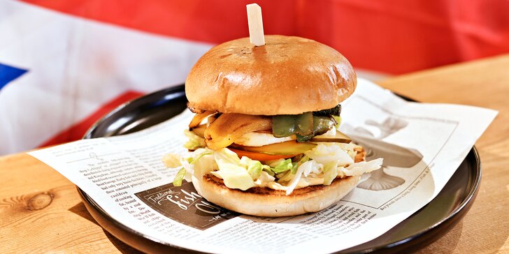 Hovězí, kuřecí nebo vegetariánský burger, žebra nebo fish and chips: voucher pro 1-4 osoby