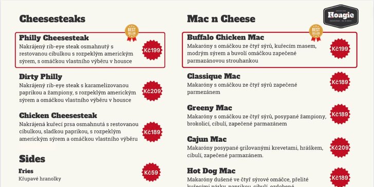 Americký cheesesteak nebo mac'n'cheese podle výběru, nápoj a hranolky