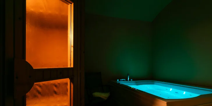 Pronájem privátního wellness se saunou, vířivkou a postelí, TV a Wi-Fi, 60-120 min. i celá noc
