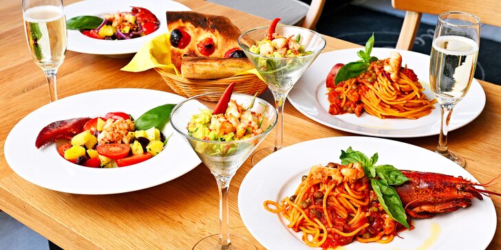Italské menu s focacciou, salátem, špagetami s humrem a proseccem pro 2 osoby