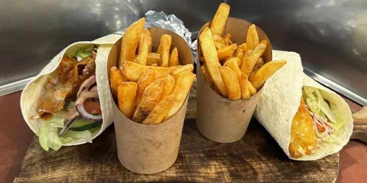 Hot dog, burger s hovězím i kuřecími nugetkami nebo tortila či gyros a hranolky pro dva