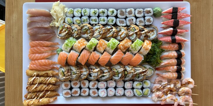 Vymazlené sushi sety pro celou partu: 98-108 ks maki, nigiri i rolek v tempuře