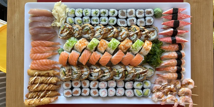 Vymazlené sushi sety pro celou partu: 98-108 ks maki, nigiri i rolek v tempuře