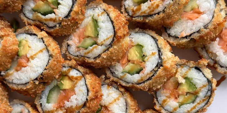 Krevety a sushi v tempuře plněné lososem i krabem: 29-44 ks