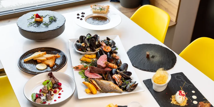 6chodové francouzské menu pro 2 osoby: maso i mořské plody, kuchař s michelinskou praxí