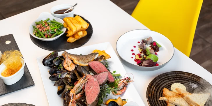 6chodové francouzské menu pro 2 osoby: maso i mořské plody, kuchař s michelinskou praxí