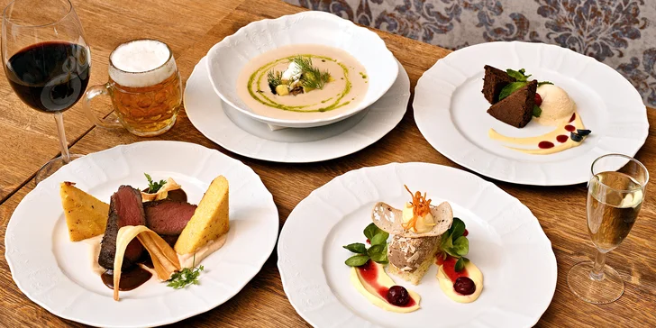 4chodové menu v Chateau Ctěnice i s neomezenou konzumací vína či piva pro 1–2 osoby