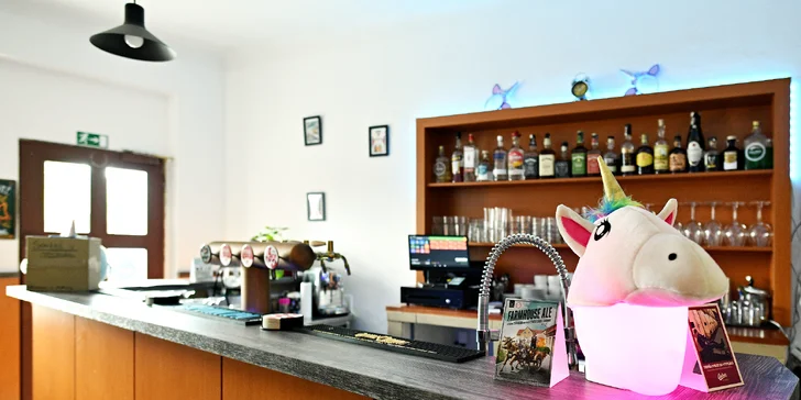 Burgery i s přílohou a pivem v restauraci U Jednorožce, deskové hry k zapůjčení zdarma
