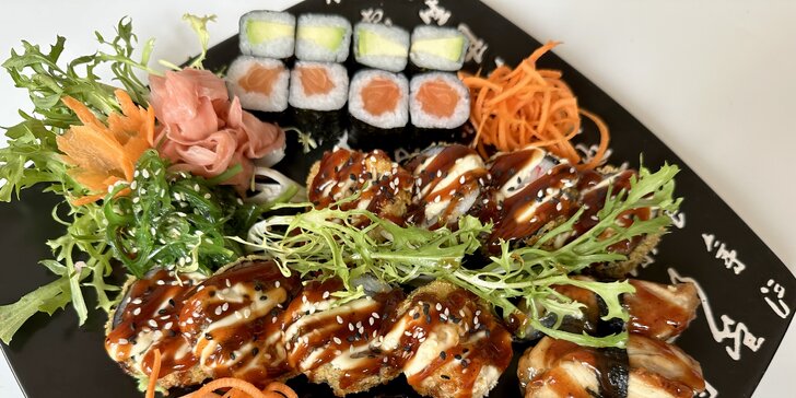 Sushi sety: 24-52 ks s okurkou, avokádem, lososem, úhořem i krevetami