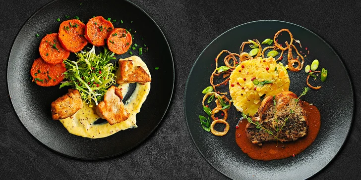 Tříchodové menu s lahví vína pro 2 osoby: sýrový koláček, krůta nebo t-bone a čoko dezert