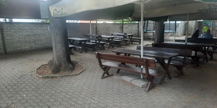 Prkno se žebry, paličkami a čevabčiči, k tomu hranoly, zelenina a chleba: pivnice se zahrádkou
