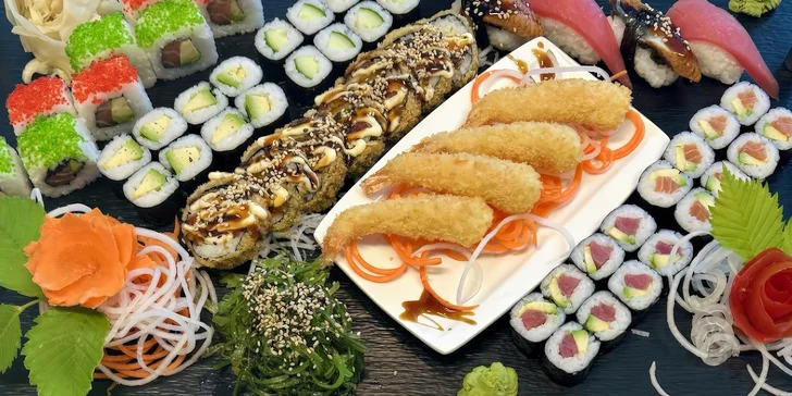 Sushi sety: 38-71 ks s okurkou, avokádem, lososem, tuňákem i krevetami v tempuře
