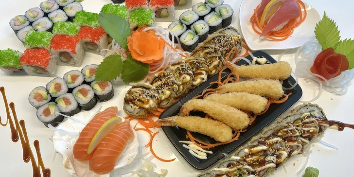 Sushi sety: 38-71 ks s okurkou, avokádem, lososem, tuňákem i krevetami v tempuře