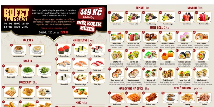 2hodinové all you can eat s obsluhou: sushi a asijské speciality v bistru v Nových Butovicích