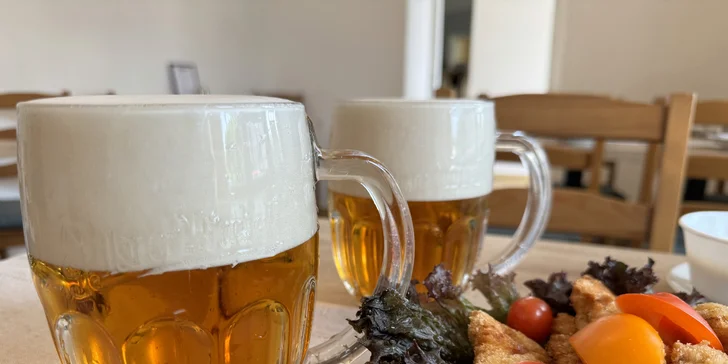 500 nebo 1000 g řízků, pečivo, zelenina, omáčky i 2 velká piva