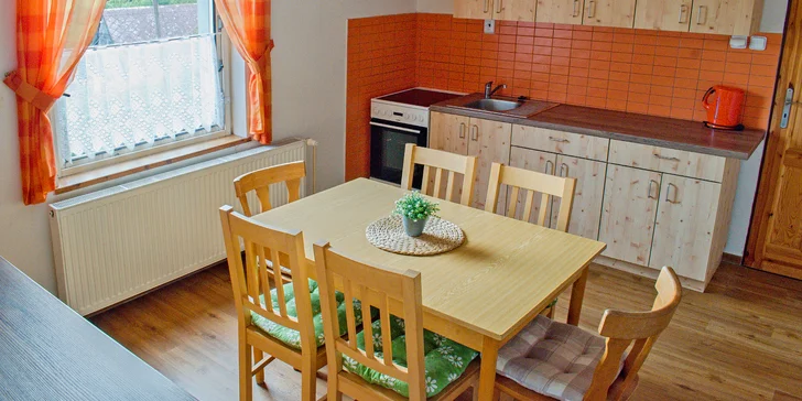 Vybavené apartmány u Hejnic v Jizerských horách až pro 8 osob, zahrada s potokem