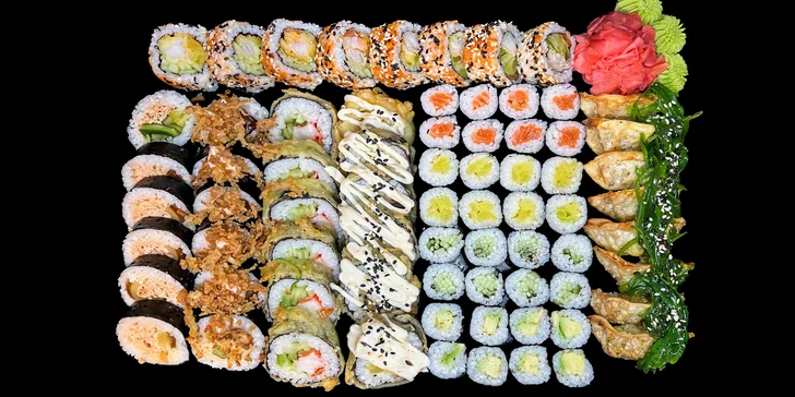 Nadupané sushi sety na odnos s sebou: 36 nebo 64 ks i gyoza taštičky, losos, avokádo i okurka