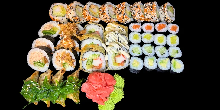 Nadupané sushi sety na odnos s sebou: 36 nebo 64 ks i gyoza taštičky, losos, avokádo i okurka