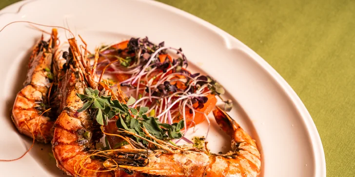 Luxusní 3chod. středomořské menu: krevety, humr i sklenka šampaňského