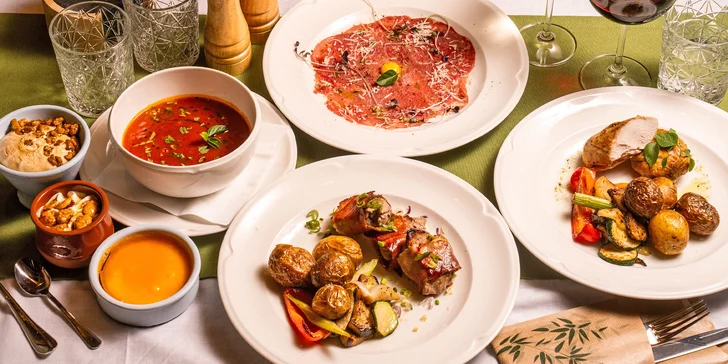 Luxusní 4chod. italské menu pro dva: hovězí carpaccio, medailonky i sklenka vína
